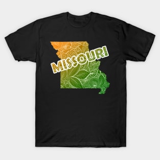 Colorful mandala art map of Missouri with text in green and orange T-Shirt